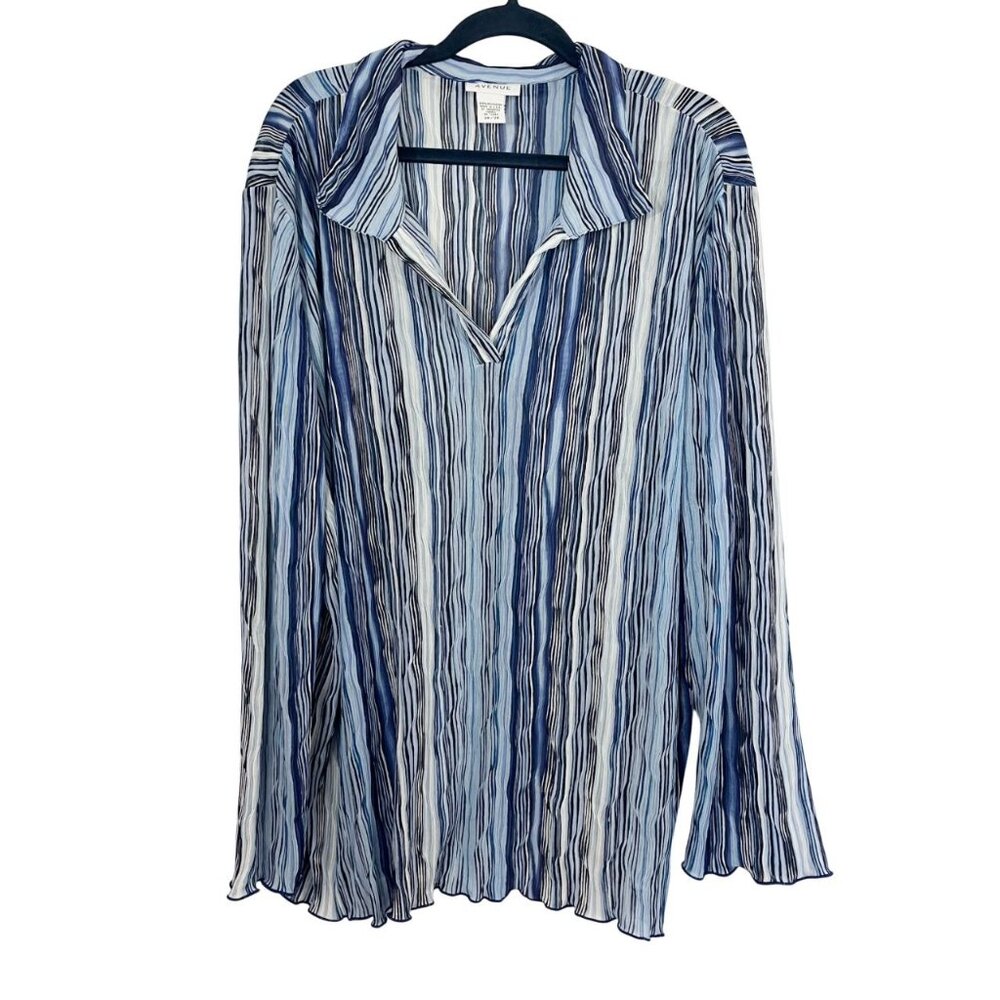 Vintage Avenue Blue Striped Crinkled Lettuce Hem Blouse Y2K 90s - Size 26/28